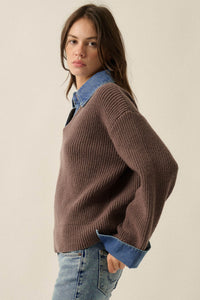 Too Easy Ribbed Knit and Denim Layered Sweater - ShopPromesa