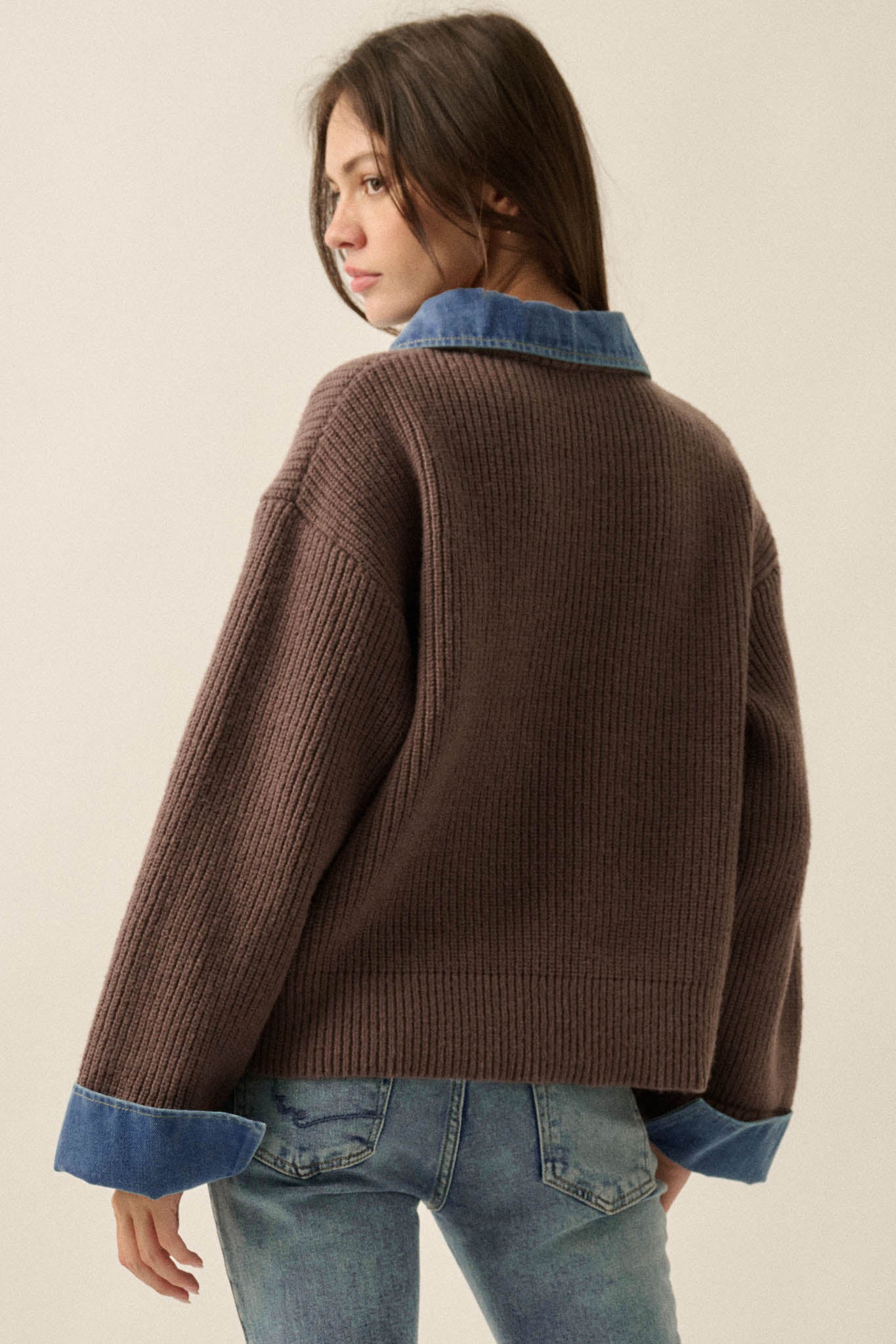 Too Easy Ribbed Knit and Denim Layered Sweater - ShopPromesa