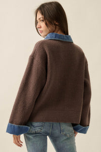 Too Easy Ribbed Knit and Denim Layered Sweater - ShopPromesa