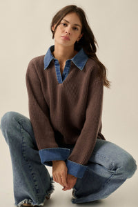 Too Easy Ribbed Knit and Denim Layered Sweater - ShopPromesa