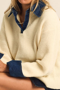 Too Easy Ribbed Knit and Denim Layered Sweater - ShopPromesa