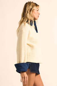 Too Easy Ribbed Knit and Denim Layered Sweater - ShopPromesa