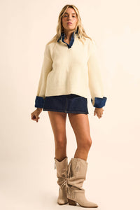 Too Easy Ribbed Knit and Denim Layered Sweater - ShopPromesa