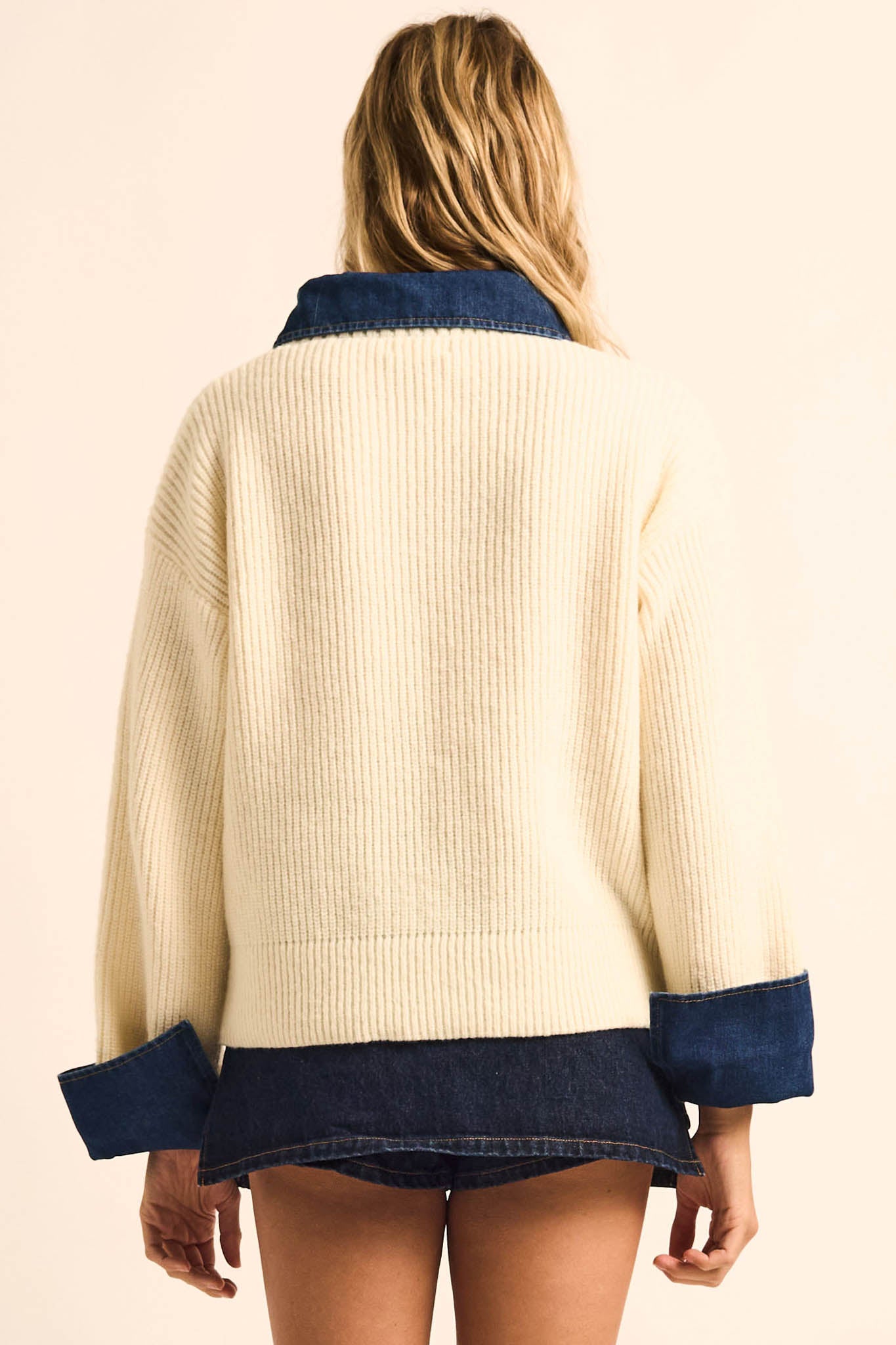 Too Easy Ribbed Knit and Denim Layered Sweater - ShopPromesa