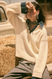 Too Easy Ribbed Knit and Denim Layered Sweater - ShopPromesa
