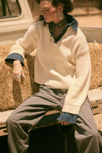 Too Easy Ribbed Knit and Denim Layered Sweater - ShopPromesa