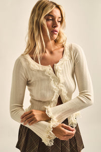 Frilly Frolic Lace-Ruffle Ribbed Knit Cardigan Top - ShopPromesa