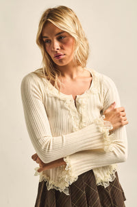 Frilly Frolic Lace-Ruffle Ribbed Knit Cardigan Top - ShopPromesa