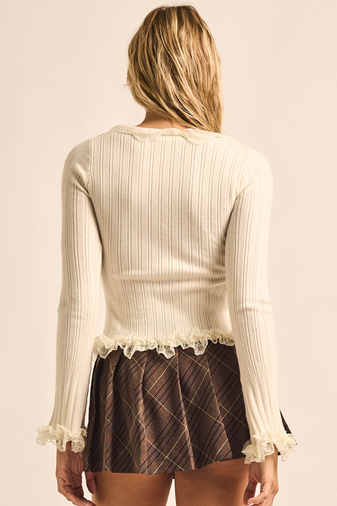 Frilly Frolic Lace-Ruffle Ribbed Knit Cardigan Top - ShopPromesa