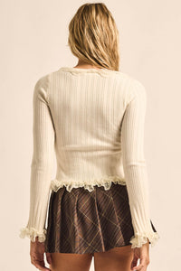 Frilly Frolic Lace-Ruffle Ribbed Knit Cardigan Top - ShopPromesa