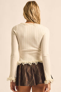 Frilly Frolic Lace-Ruffle Ribbed Knit Cardigan Top - ShopPromesa