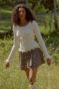 Frilly Frolic Lace-Ruffle Ribbed Knit Cardigan Top - ShopPromesa