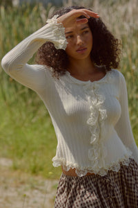 Frilly Frolic Lace-Ruffle Ribbed Knit Cardigan Top - ShopPromesa