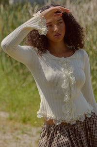 Frilly Frolic Lace-Ruffle Ribbed Knit Cardigan Top - ShopPromesa