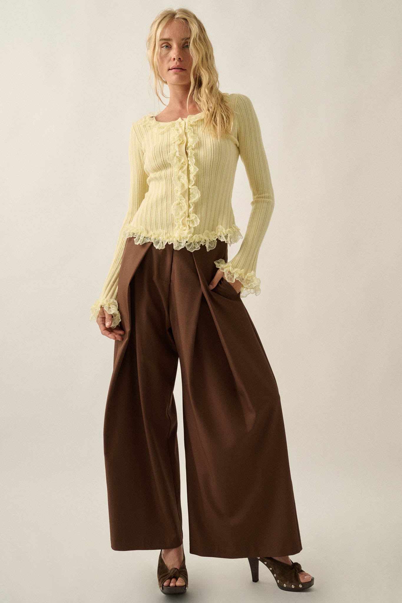Frilly Frolic Lace-Ruffle Ribbed Knit Cardigan Top - ShopPromesa