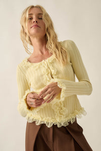 Frilly Frolic Lace-Ruffle Ribbed Knit Cardigan Top - ShopPromesa