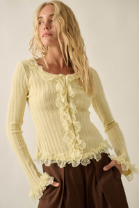 Frilly Frolic Lace-Ruffle Ribbed Knit Cardigan Top - ShopPromesa
