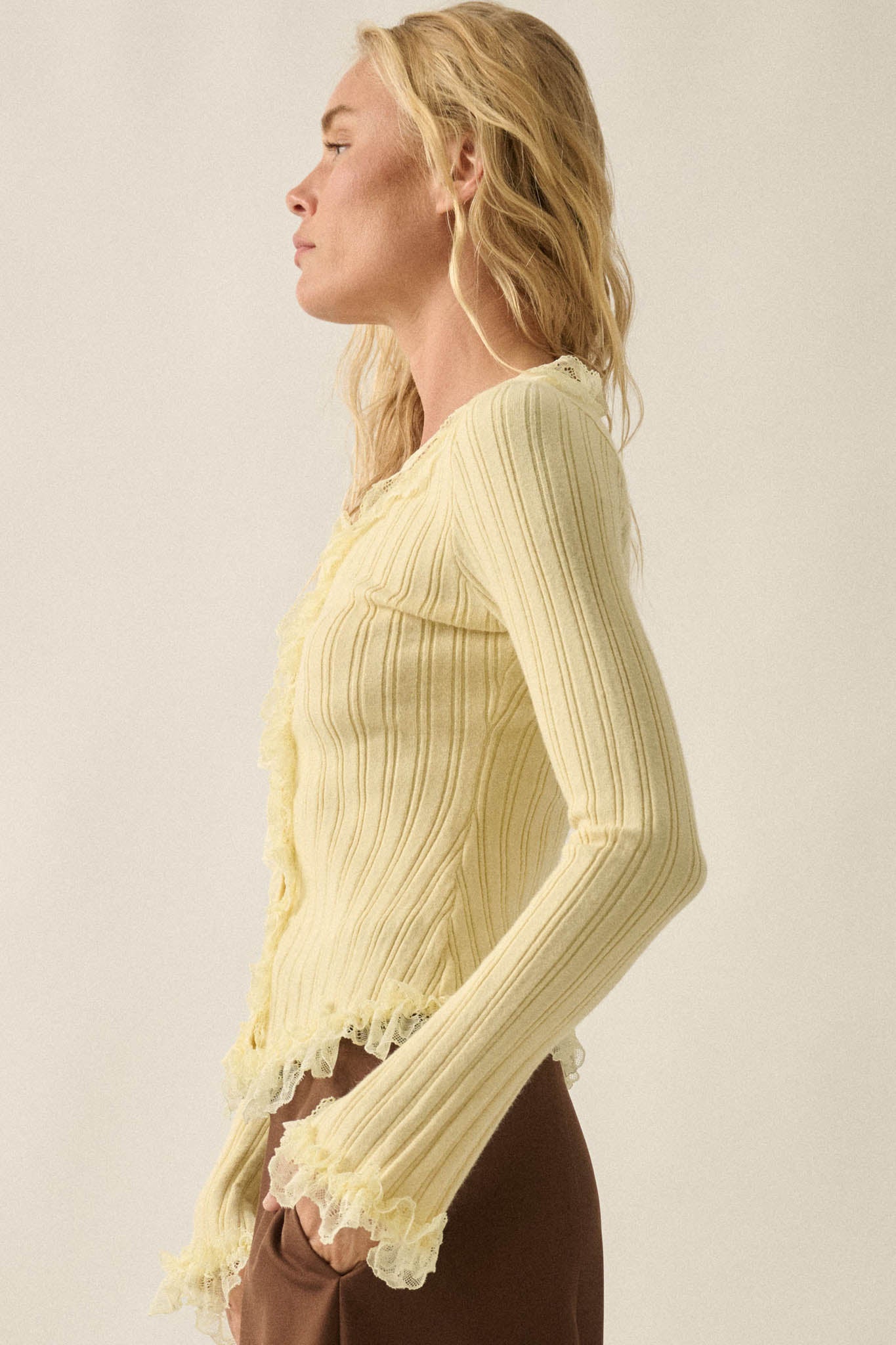 Frilly Frolic Lace-Ruffle Ribbed Knit Cardigan Top - ShopPromesa