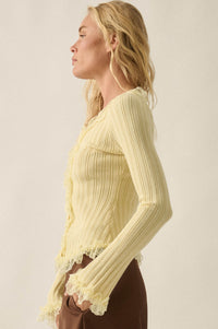 Frilly Frolic Lace-Ruffle Ribbed Knit Cardigan Top - ShopPromesa