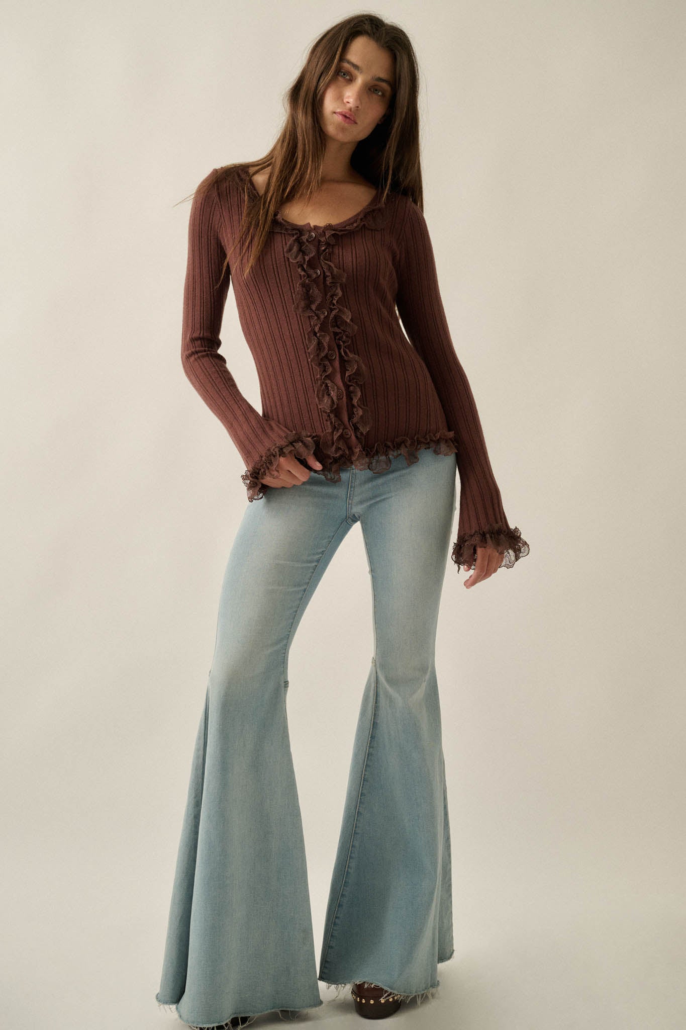Frilly Frolic Lace-Ruffle Ribbed Knit Cardigan Top - ShopPromesa