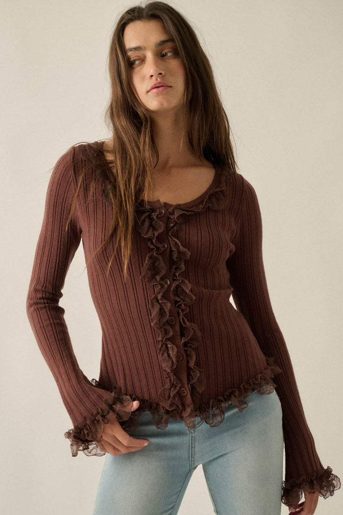 Frilly Frolic Lace-Ruffle Ribbed Knit Cardigan Top - ShopPromesa