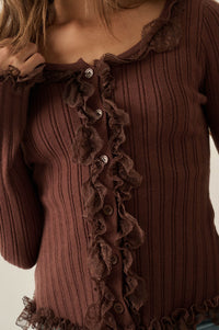 Frilly Frolic Lace-Ruffle Ribbed Knit Cardigan Top - ShopPromesa