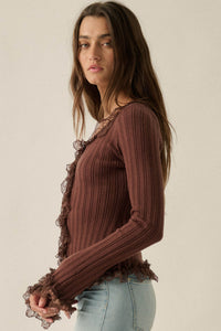 Frilly Frolic Lace-Ruffle Ribbed Knit Cardigan Top - ShopPromesa