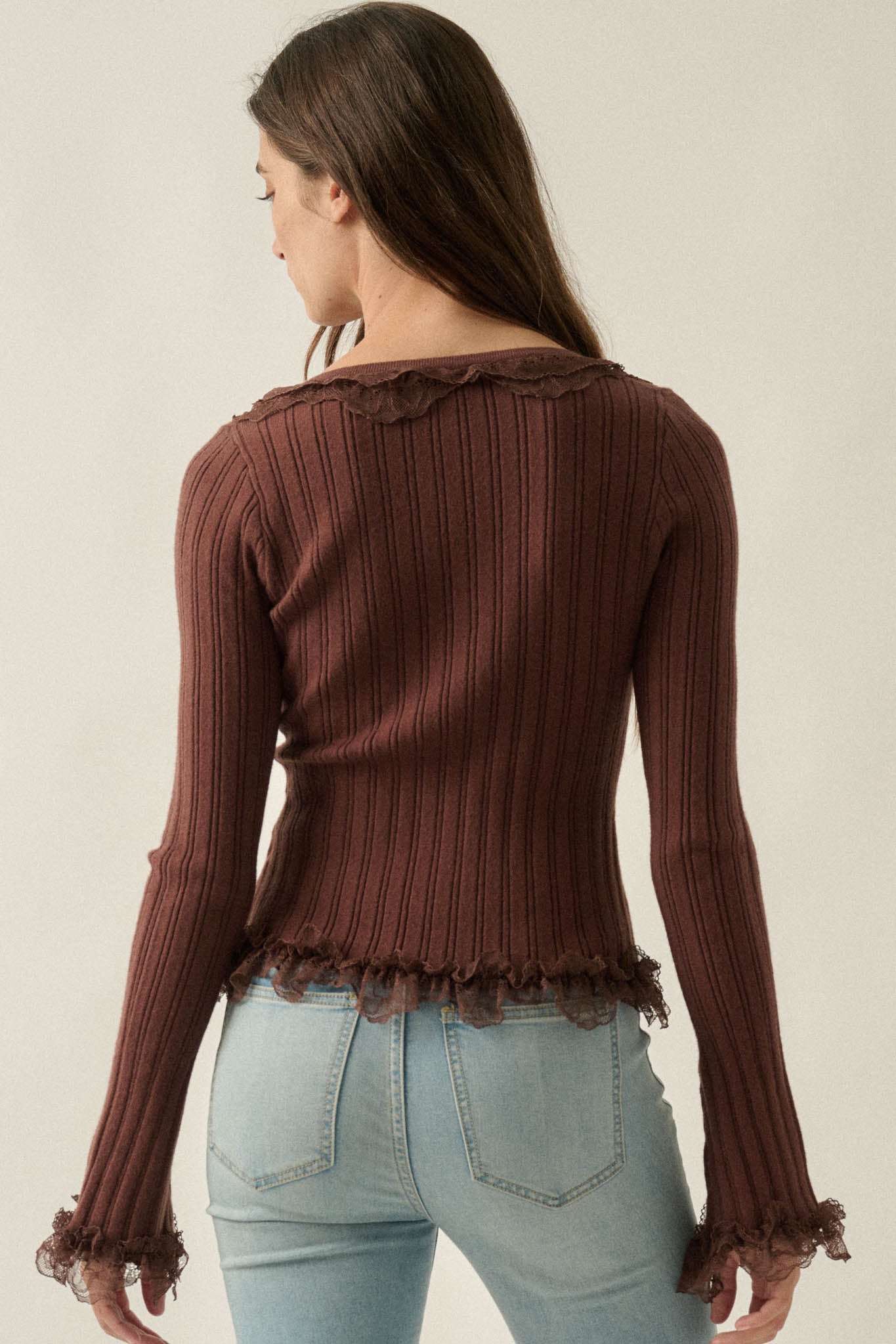 Frilly Frolic Lace-Ruffle Ribbed Knit Cardigan Top - ShopPromesa