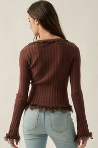 Frilly Frolic Lace-Ruffle Ribbed Knit Cardigan Top - ShopPromesa