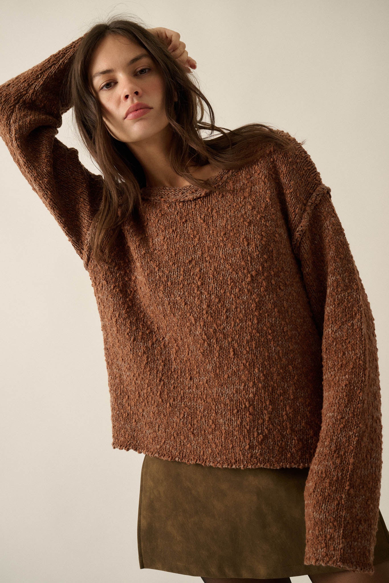 Stay Awhile Marled Boucle-Knit Rolled-Edge Sweater - ShopPromesa