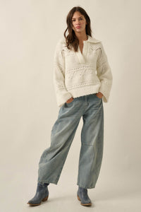 Light Touch Fuzzy Pointelle-Knit Collared Sweater - ShopPromesa