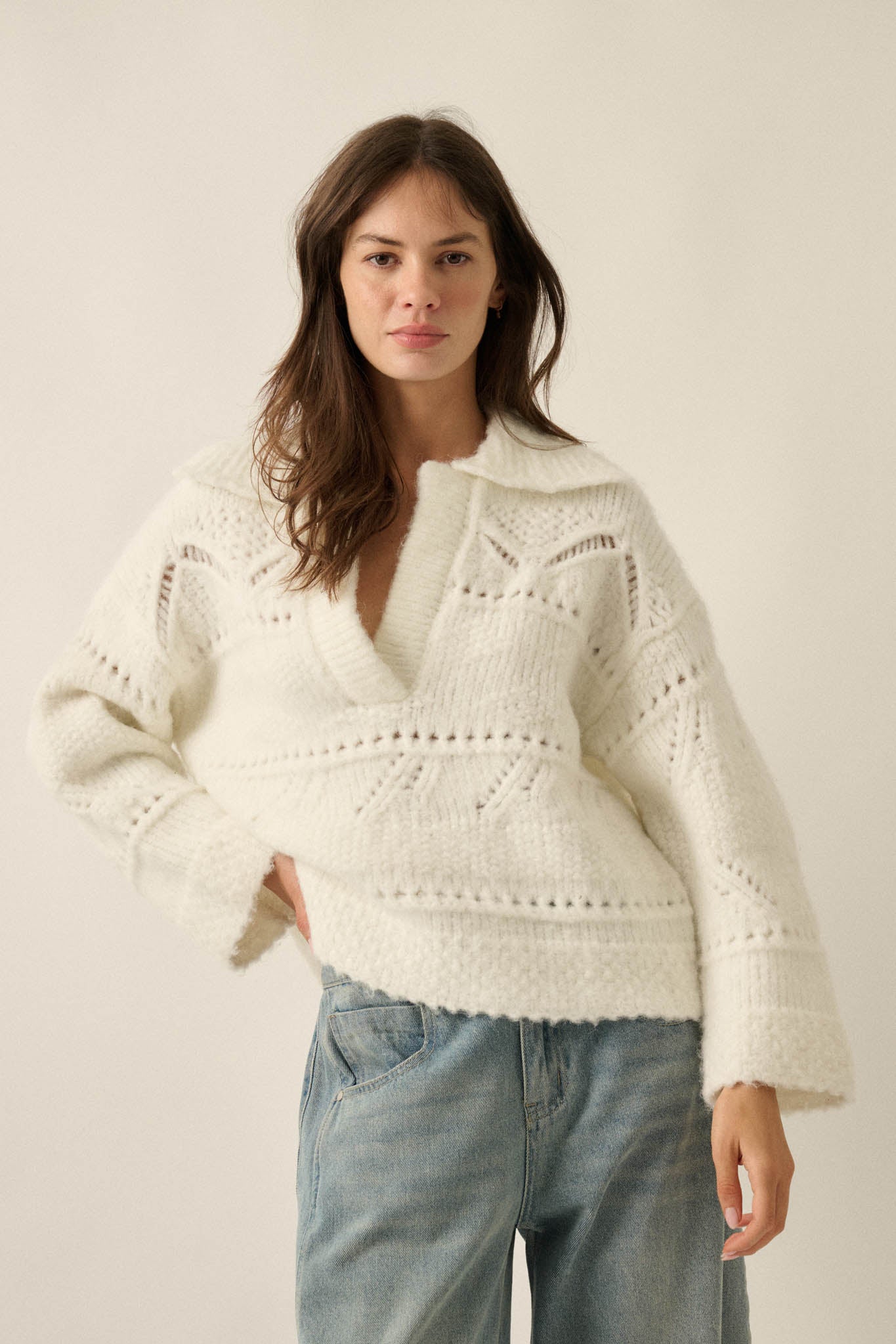 Light Touch Fuzzy Pointelle-Knit Collared Sweater - ShopPromesa