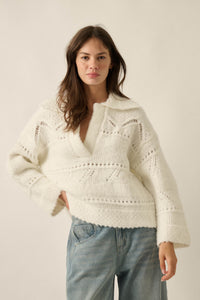 Light Touch Fuzzy Pointelle-Knit Collared Sweater - ShopPromesa