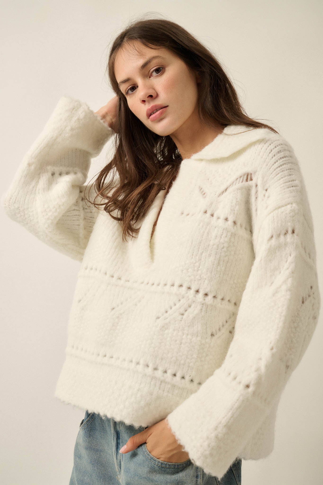 Light Touch Fuzzy Pointelle-Knit Collared Sweater - ShopPromesa