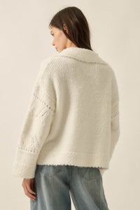 Light Touch Fuzzy Pointelle-Knit Collared Sweater - ShopPromesa