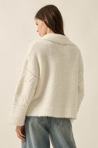 Light Touch Fuzzy Pointelle-Knit Collared Sweater - ShopPromesa