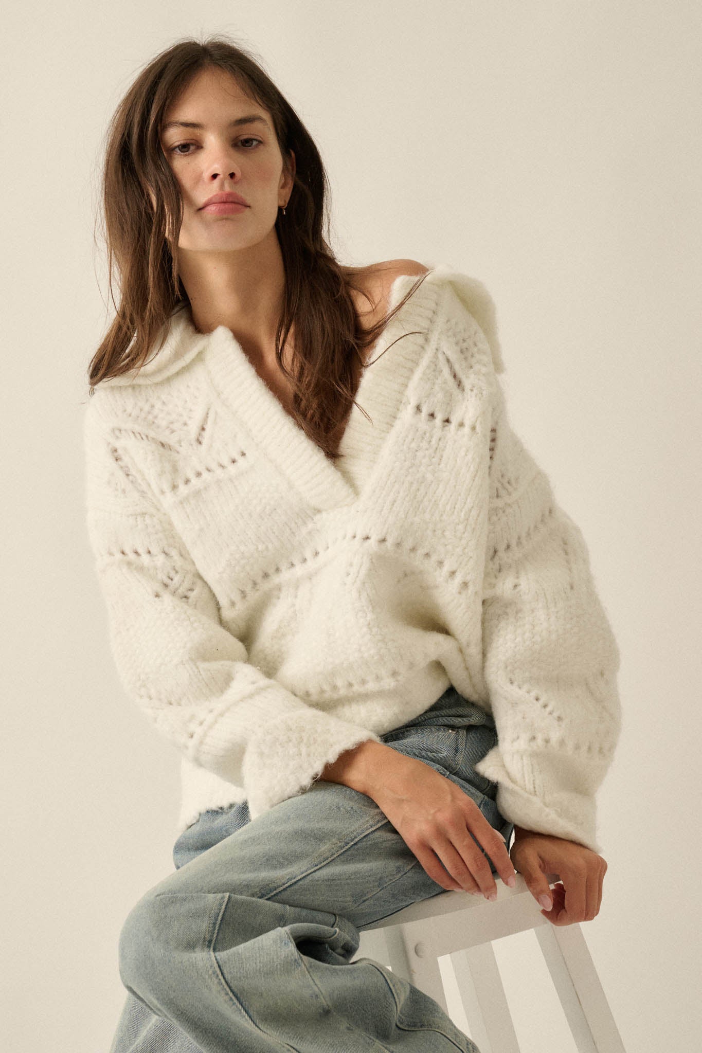 Light Touch Fuzzy Pointelle-Knit Collared Sweater - ShopPromesa