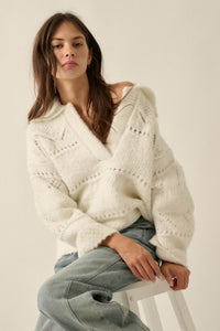 Light Touch Fuzzy Pointelle-Knit Collared Sweater - ShopPromesa