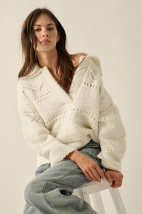 Light Touch Fuzzy Pointelle-Knit Collared Sweater - ShopPromesa