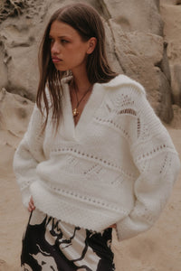 Light Touch Fuzzy Pointelle-Knit Collared Sweater - ShopPromesa