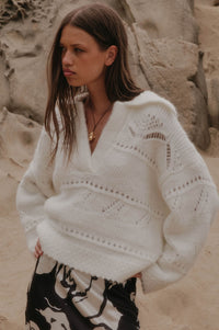 Light Touch Fuzzy Pointelle-Knit Collared Sweater - ShopPromesa