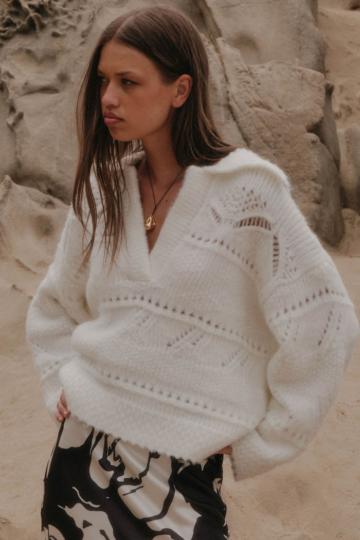 Light Touch Fuzzy Pointelle-Knit Collared Sweater - ShopPromesa