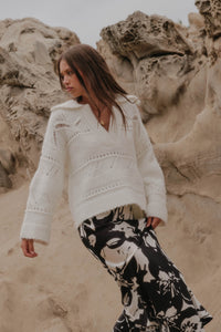 Light Touch Fuzzy Pointelle-Knit Collared Sweater - ShopPromesa