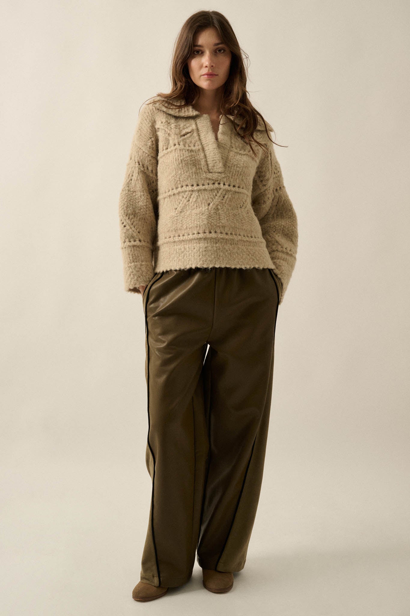 Light Touch Fuzzy Pointelle-Knit Collared Sweater - ShopPromesa