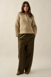 Light Touch Fuzzy Pointelle-Knit Collared Sweater - ShopPromesa