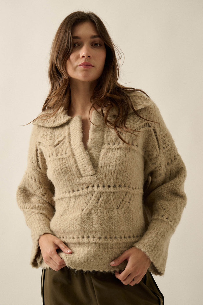 Light Touch Fuzzy Pointelle-Knit Collared Sweater - ShopPromesa