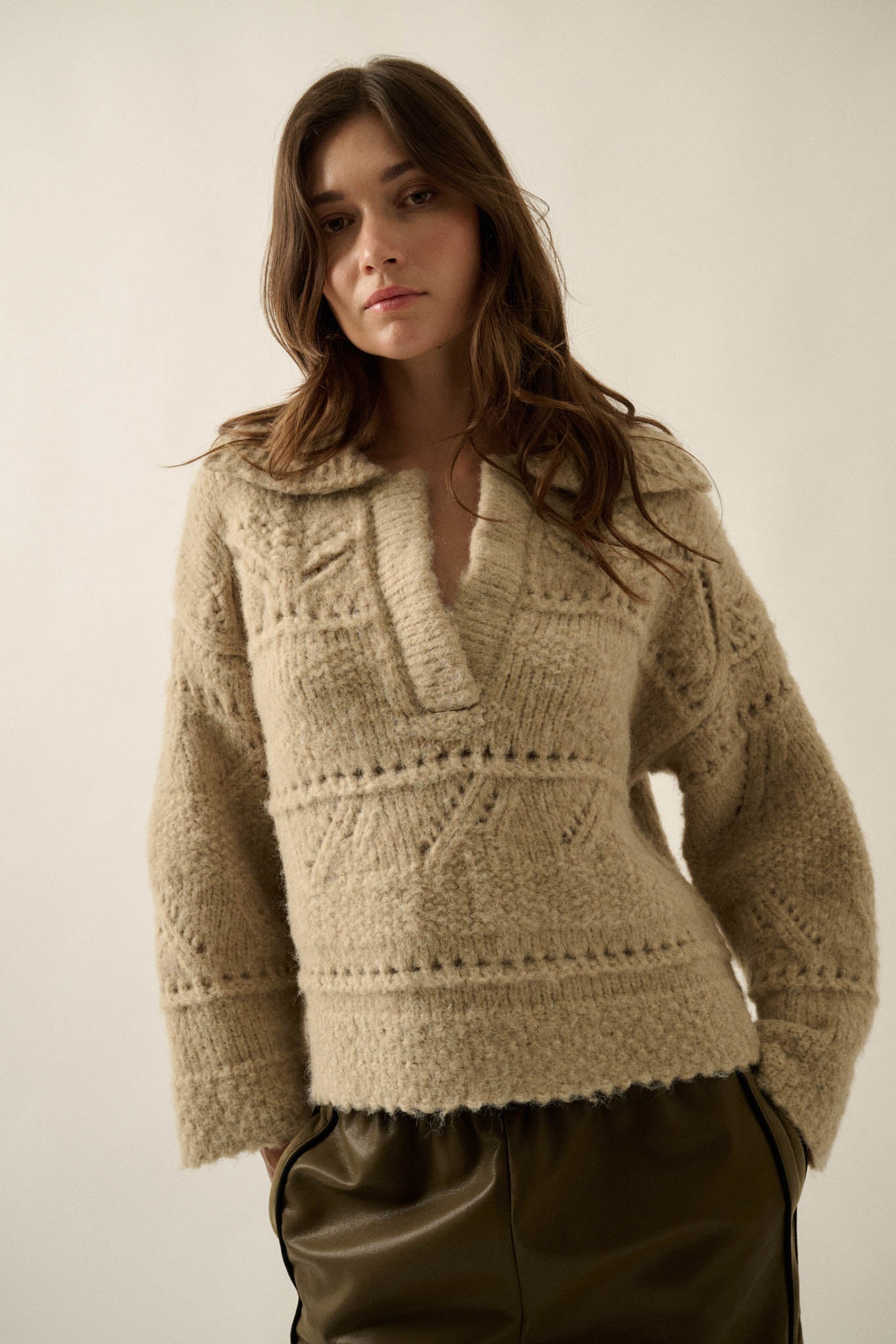 Light Touch Fuzzy Pointelle-Knit Collared Sweater - ShopPromesa