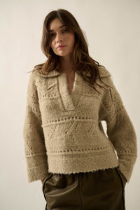Light Touch Fuzzy Pointelle-Knit Collared Sweater - ShopPromesa