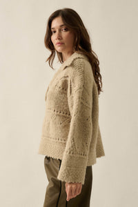 Light Touch Fuzzy Pointelle-Knit Collared Sweater - ShopPromesa