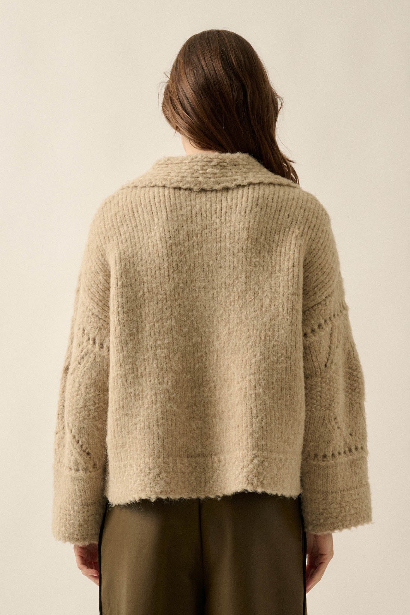 Light Touch Fuzzy Pointelle-Knit Collared Sweater - ShopPromesa